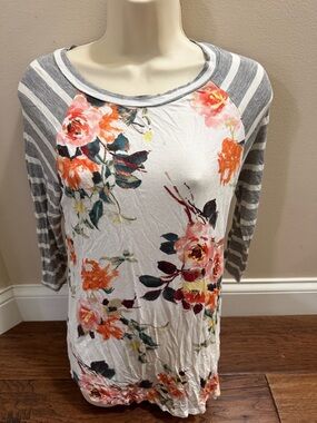 First Looks White Floral Raglan Long Sleeve Tee with Gray Stripes